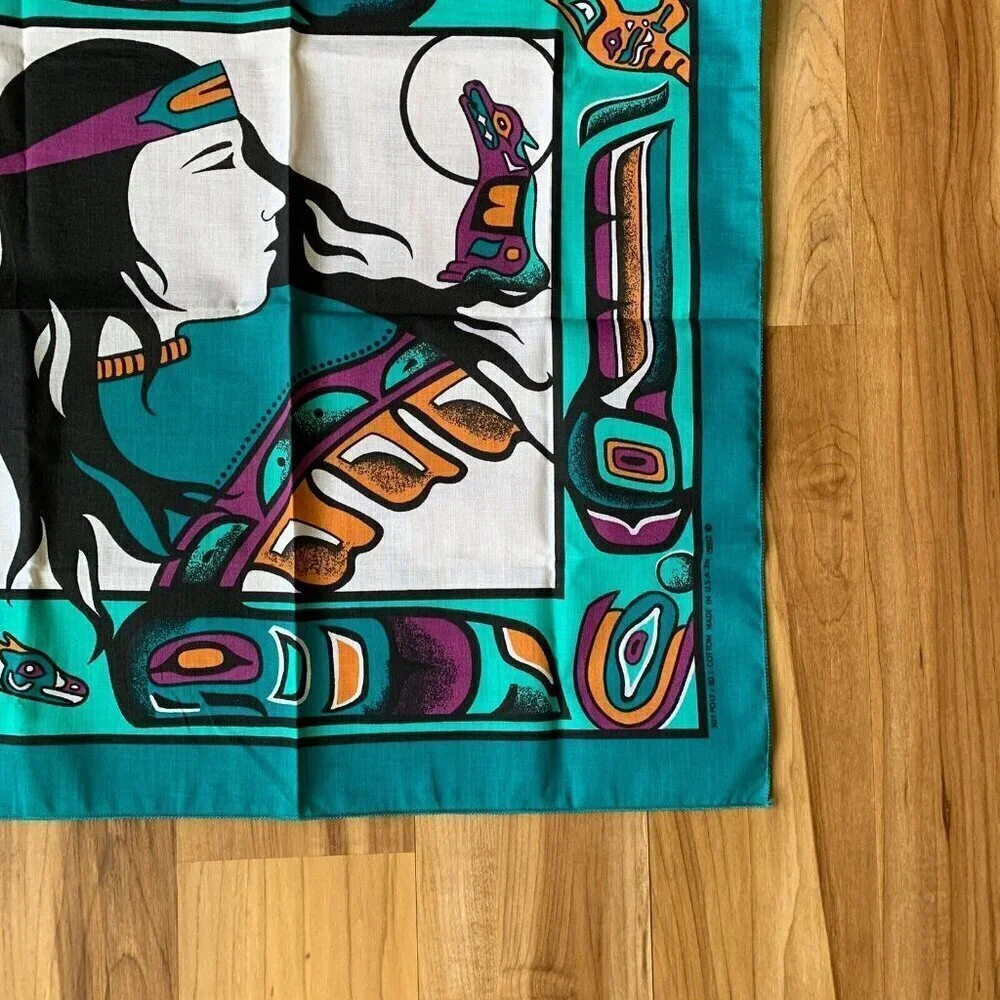 Vintage Aztec Southwestern Cotton Poly Turquoise Handkerchief Bandana USA 21”